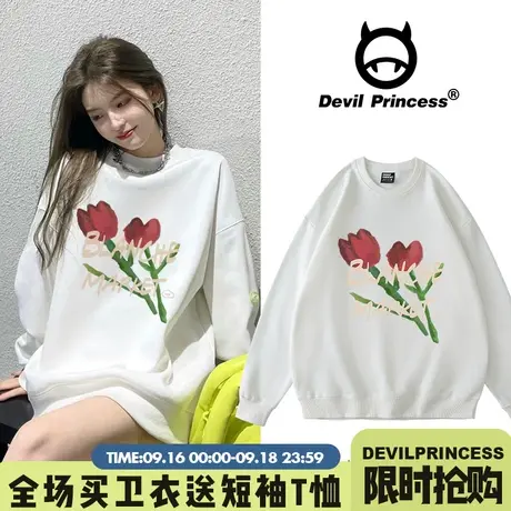 vintage慵懒风宽松白色卫衣女2023年新款ins风小众韩版加绒上衣潮商品大图