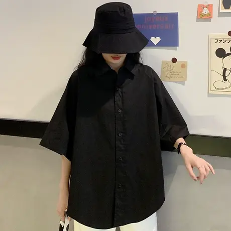 暗黑系纯色复古衬衫短袖2023年新款港风衬衣男女款上衣夏外穿百搭图片