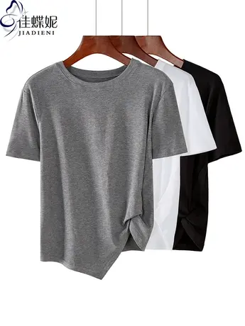 23夏季新款纯白宽松纯色简约不规则褶皱短袖体恤上衣休闲韩版圆领商品大图