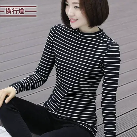 冬装半高领长袖t恤女装大码修身妈妈中年上衣厚款纯棉条纹打底衫商品大图