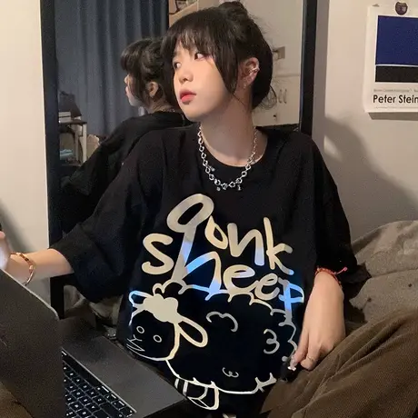 大码美式复古短袖t恤女夏季宽松oversize设计感慵懒炸街上衣ins潮图片