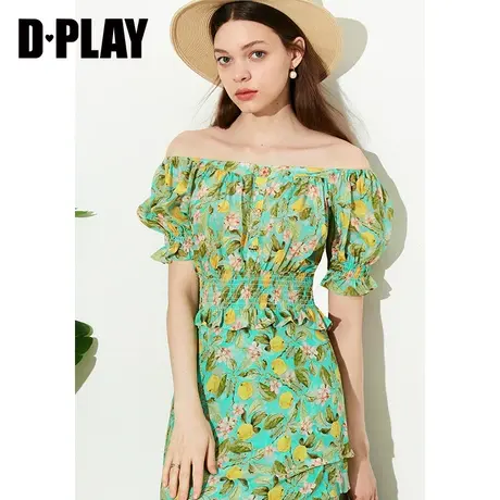 DPLAY2023夏新度假风夏日青柠一字肩司马克收腰泡泡袖短款上衣女商品大图
