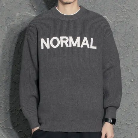 字母贴布黑色圆领毛衣男2021秋冬新款潮流线衣加厚针织衫打底毛衫图片