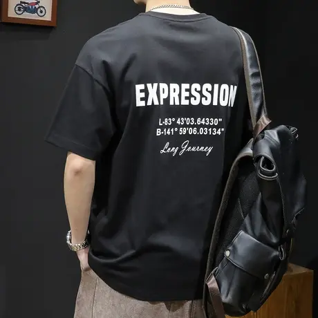 黑色短袖t恤男士潮牌大码夏季2023新款衣服男款纯棉男装胖子体恤商品大图