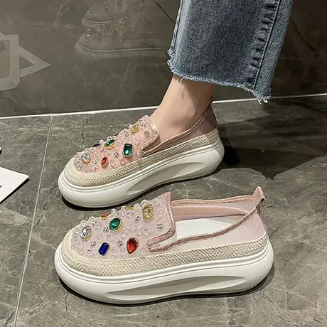 厚底乐福鞋女夏季网面透气网纱2023年新款欧货水钻增高一脚蹬单鞋商品大图