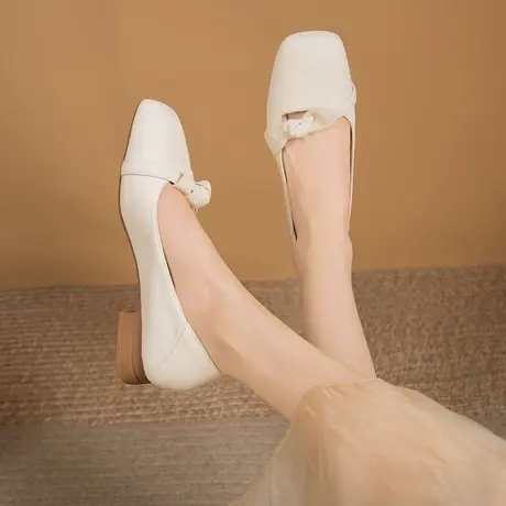 法式豆豆鞋女2023新款春夏季仙女低跟单鞋配裙子晚晚风粗跟孕妇鞋商品大图