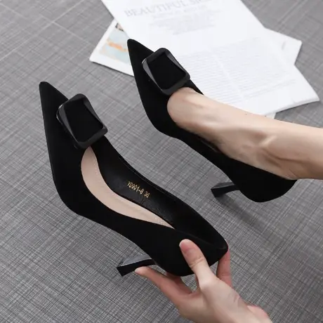 2023新款方扣高跟鞋女细跟尖头法式百搭春季性感职业少女黑色单鞋图片
