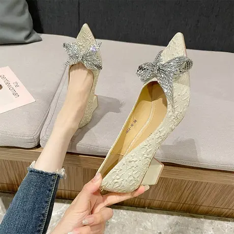 设计感小众蝴蝶结高跟鞋女细跟2023春季新款尖头性感水钻浅口单鞋图片