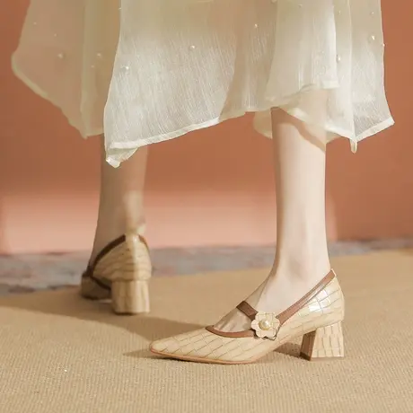 法式粗跟高跟鞋女2023年新款秋季方头单鞋不累脚单鞋玛丽珍女鞋图片