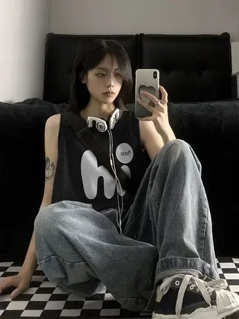 美式复古纯棉吊带运动坎肩背心无袖t恤女夏季外穿宽松篮球服上衣商品大图
