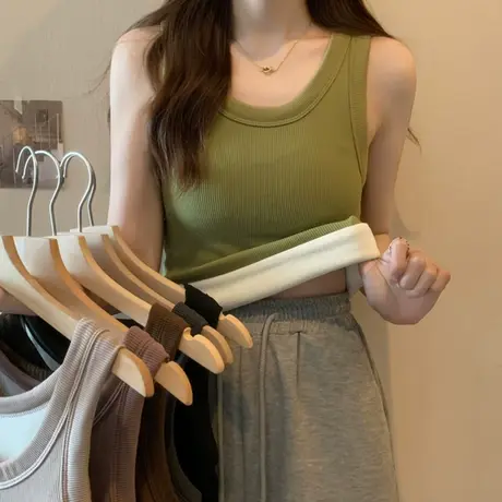 小众撞色加绒加厚保暖无袖背心吊带女秋季修身内搭外穿带胸垫上衣商品大图