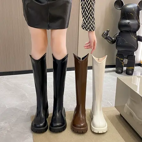 不过膝厚底v口长筒靴女2024秋冬季新款高跟长靴小个子高筒骑士靴图片