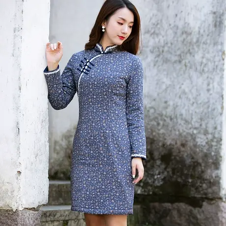 冬天穿的旗袍冬款加厚旗袍改良版连衣裙棉麻老式上海气质修身裙子商品大图