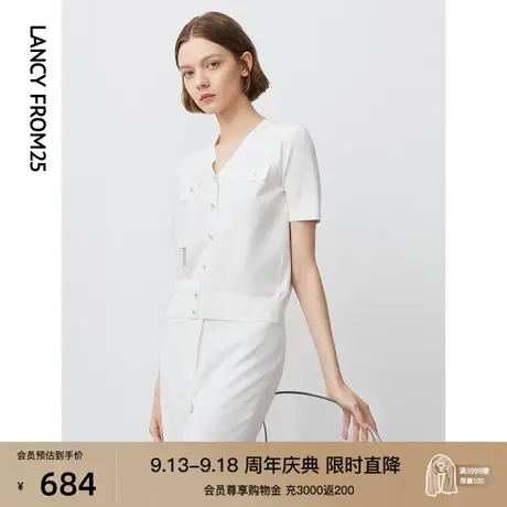 朗姿气质V领白色短袖针织衫上衣女夏季新款宽松套头T恤商场同款商品大图
