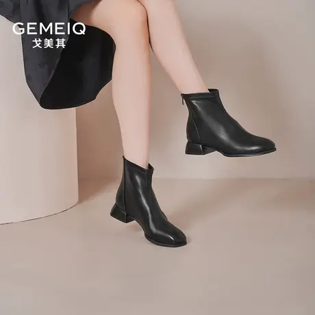戈美其粗跟短筒靴女2023秋冬新款白色INS潮中跟踝靴瘦瘦靴女裸靴图片