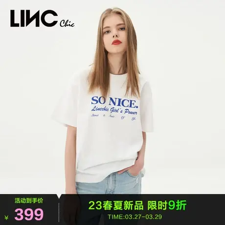 LINC金羽杰圆领T恤女2023年夏秋新款简约标语舒适短袖直筒上衣商品大图