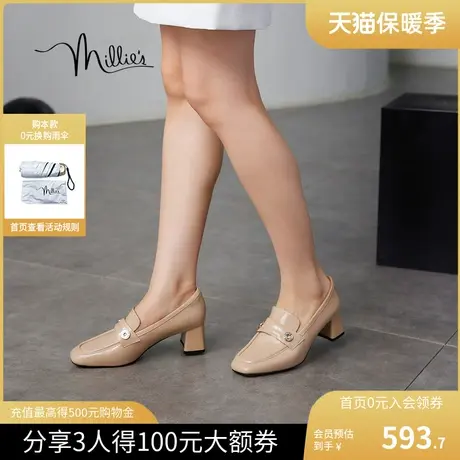 millie's/妙丽2023秋季新款复古时尚通勤方头粗跟女单鞋SEP36CA3商品大图