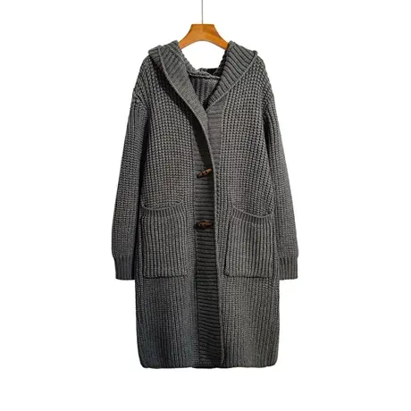 中长款连帽针织开衫外套女秋冬新款宽松慵懒风加厚粗毛线大衣外套图片