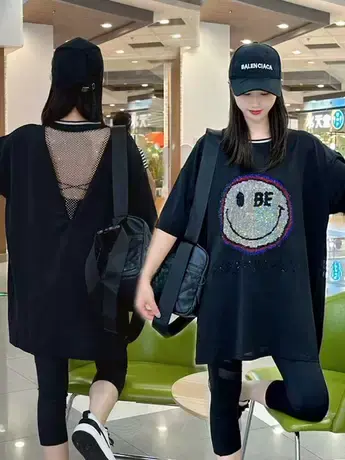 2023新款露背大码雪纺拼接绿色t恤女短袖宽松夏季中长款烫钻上衣商品大图