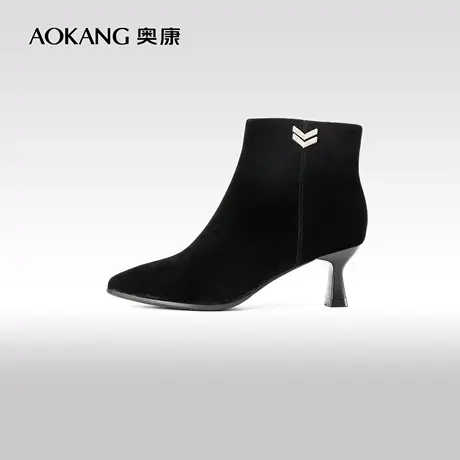 奥康女鞋 2023冬季新款绒面鞋面法式尖头细高跟时尚短靴时装靴子商品大图