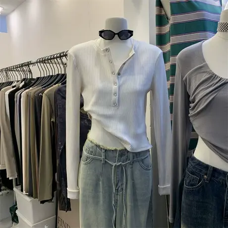 小众时髦半排扣坑条套头T恤女2023秋韩版气质修身百搭显瘦纯色t潮图片