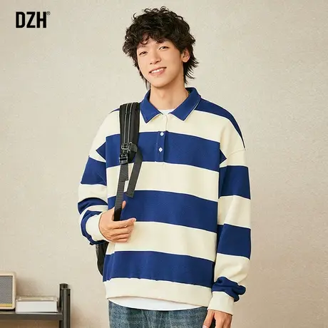 男士翻领长袖polo衫男痞帅高级感2023年新款撞色条纹卫衣无帽秋季商品大图