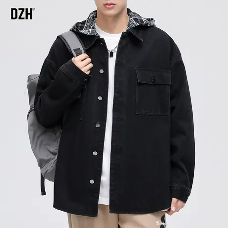 DZH男士假两件连帽格子外套男宽松大码潮牌牛仔夹克秋季2023新款商品大图