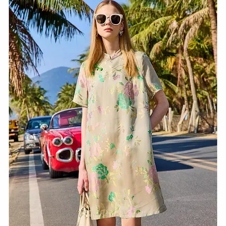 爵莱菲大码胖mm盘扣短袖连衣裙女2025季新款中式提花裙子提花商品大图