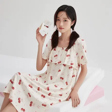 顶瓜瓜睡裙女夏季纯棉印花防凸点走光短袖全棉可外穿家居中长裙新商品大图