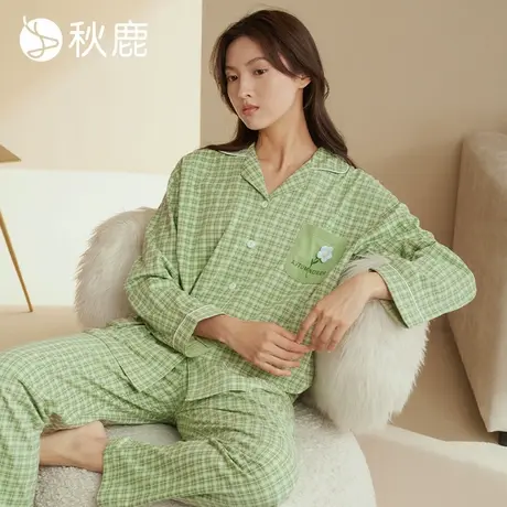 秋鹿【超柔软】针织纯棉睡衣女春秋长袖长裤格子可外穿家居服套装商品大图