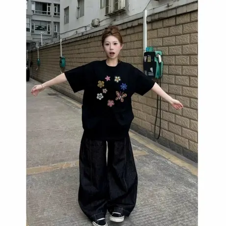 美式潮牌欧货纯棉短袖t恤女2025新款爆款落肩设计感小众高街上衣商品大图