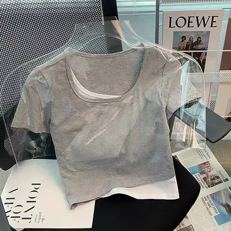 辣妹正肩短袖T恤女夏季2023甜辣假两件套设计感小众独特短款上衣商品大图