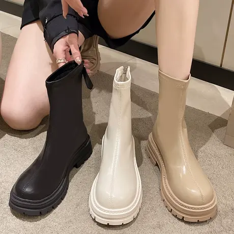 马丁靴女英伦风厚底超火短靴2023年新款春秋加绒白色中筒瘦瘦靴子图片