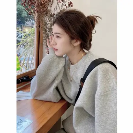 美式秋季新款爆款高级感超好看小个子灰色圆领卫衣女加绒加厚上衣商品大图