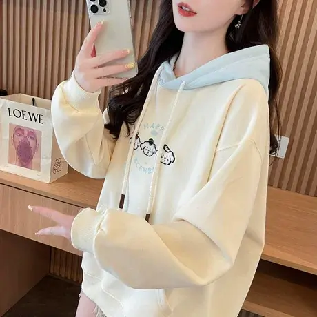连帽卫衣女2024新款秋冬韩版宽松大码加绒加厚初中生百搭拼色外套商品大图