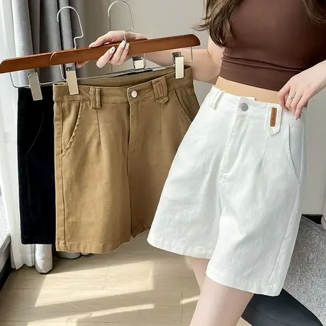 白色高腰阔腿短裤女2025夏季薄款宽松遮胯显瘦小个子直筒五分中裤商品大图