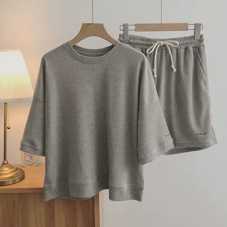 ins超火休闲运动华夫格套装女夏宽松百搭短袖上衣阔腿短裤两件套商品大图