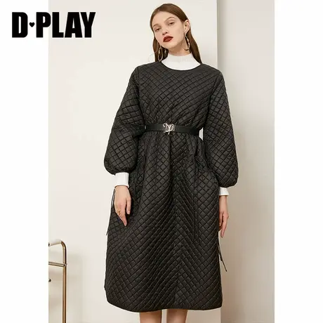 DPLAY德帕拉秋冬新款黑色菱形格宽松娃娃连衣裙保暖棉服外套商品大图