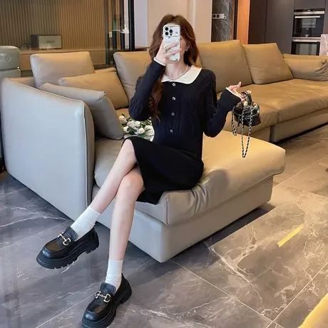 唐狮黑色秋季小香风连衣裙秋冬新款显瘦气质女装复古针织毛衣裙p4商品大图