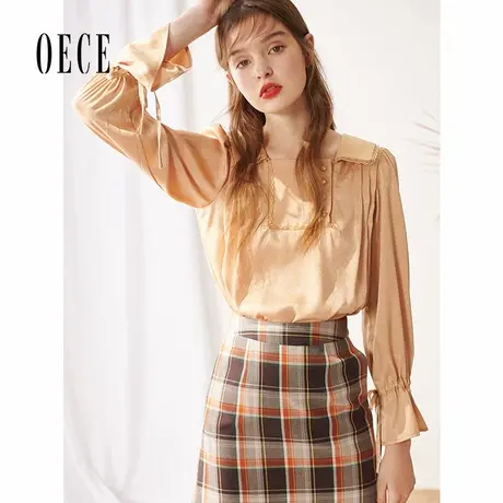 Oece春装新款女装 沁心复古甜心减龄可爱花边翻领喇叭袖上衣商品大图