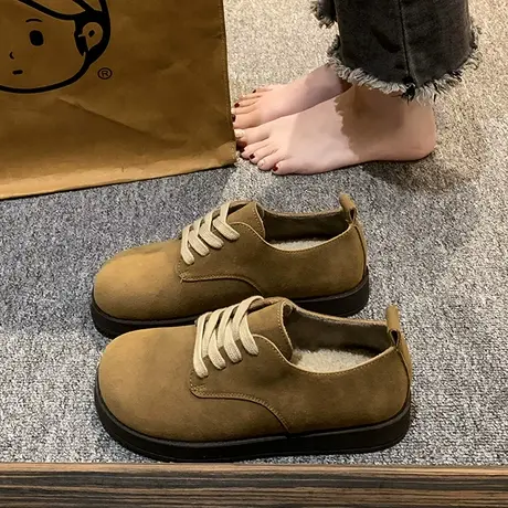 平底单鞋女系带小皮鞋2023新款秋冬季勃肯鞋复古英伦风孕妇乐福鞋商品大图