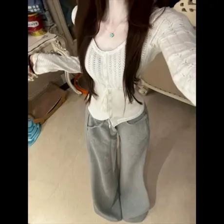 毛衣针织衫女早秋季穿搭韩系氛围高级感收腰修身显瘦短款长袖上衣商品大图
