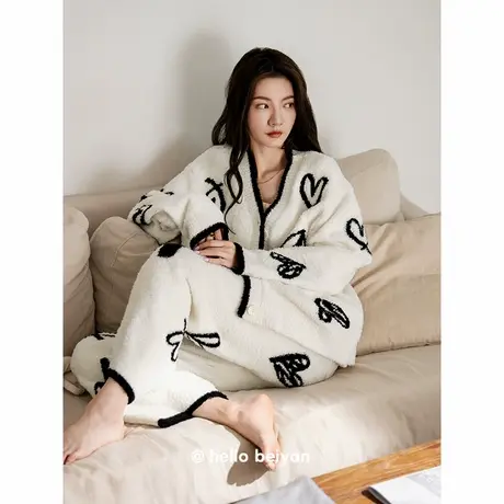 贝妍半边绒睡衣女秋冬新款性感V领保暖家居服甜美开衫珊瑚绒套装商品大图