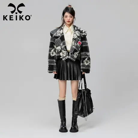 KEIKO 复古小熊提花羊羔毛绒外套女夹棉2023冬季短款皮毛一体夹克商品大图