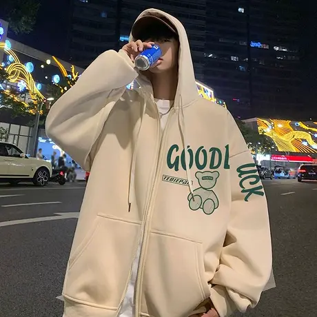 小熊拉链开衫卫衣男秋冬季美式高街ins潮流嘻哈连帽外套宽松衣服商品大图