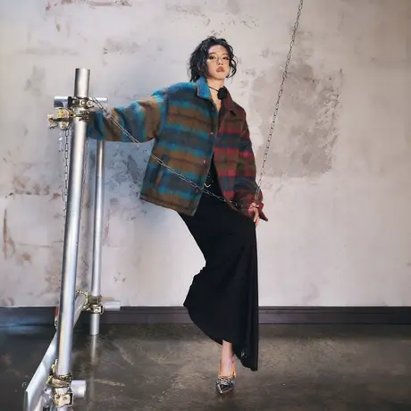 复古拼接格子棉服女冬季夹棉毛呢外套2023年新款ins潮牌宽松棉衣商品大图