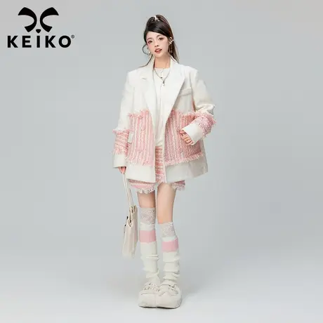 KEIKO 粗花呢拼接奶白色毛呢外套女2023秋冬韩系小个子呢子大衣商品大图
