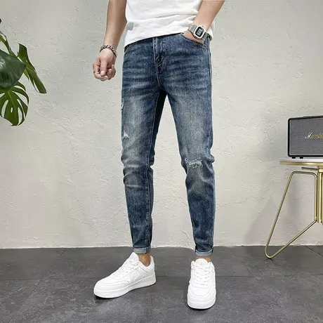 2023秋新品男士潮流休闲牛仔裤蓝色猫须做旧破洞修身小脚铅笔裤男商品大图