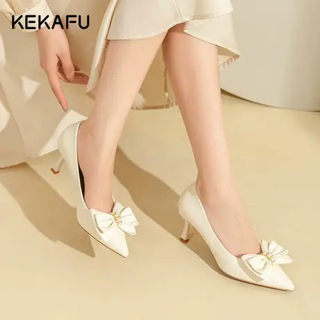 珂卡芙高跟鞋女2023新款秋季气质法式蝴蝶结单鞋尖头不累脚女鞋子图片