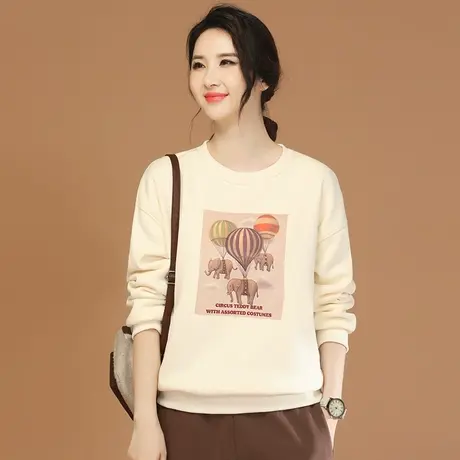 新品8.5折】圆领印花加绒卫衣女宽松套头oversize外套厚图片